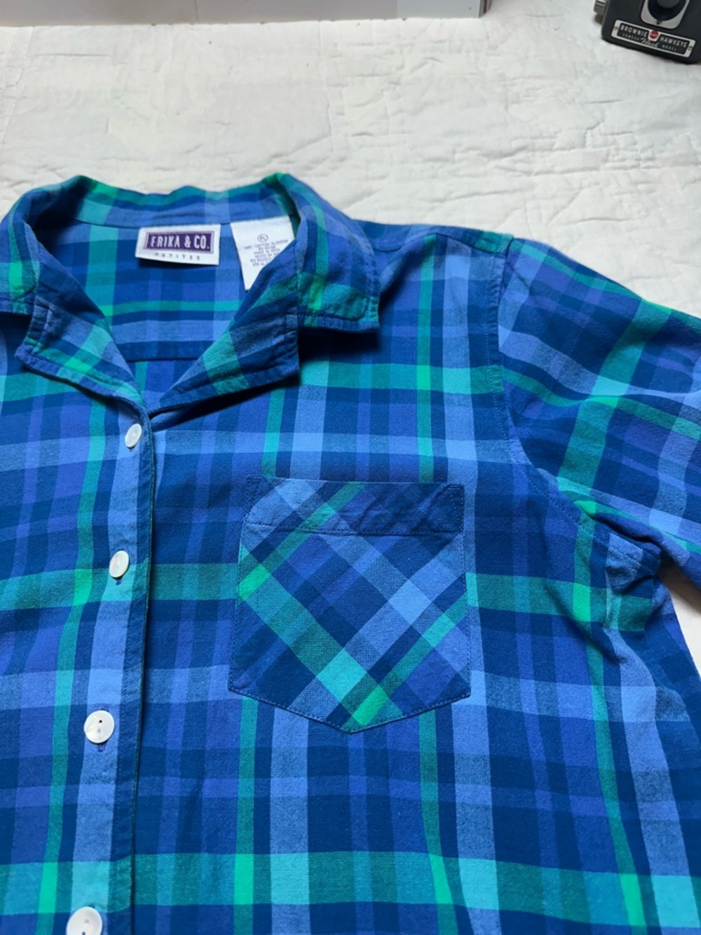 Blue Green Plaid Button Down | 90s Minimalist Boxy Short Sleeve · Erika & Co - Picture 4 of 11